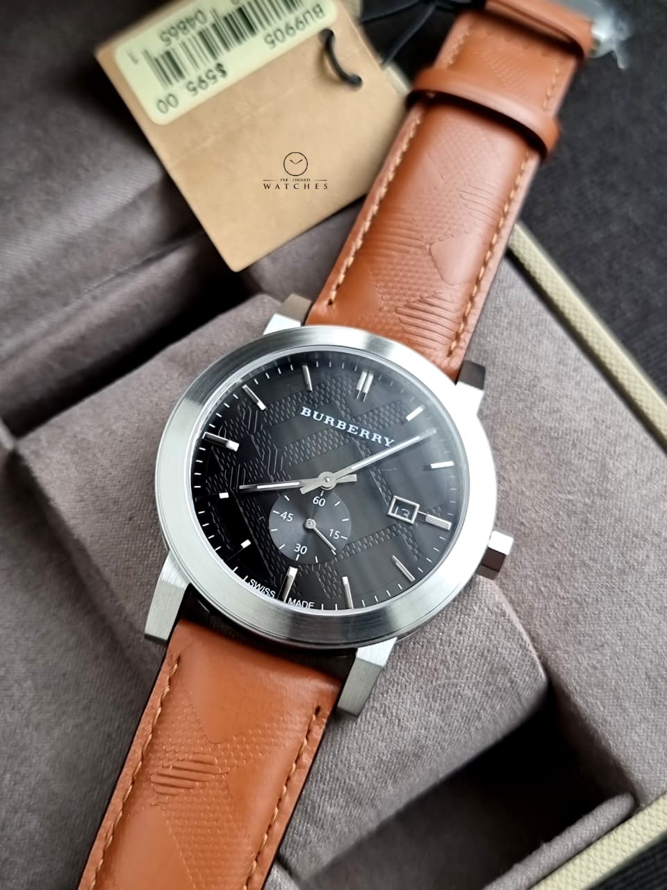Burberry Men’s Swiss Made Leather Strap Black Dial 42mm Watch BU9905