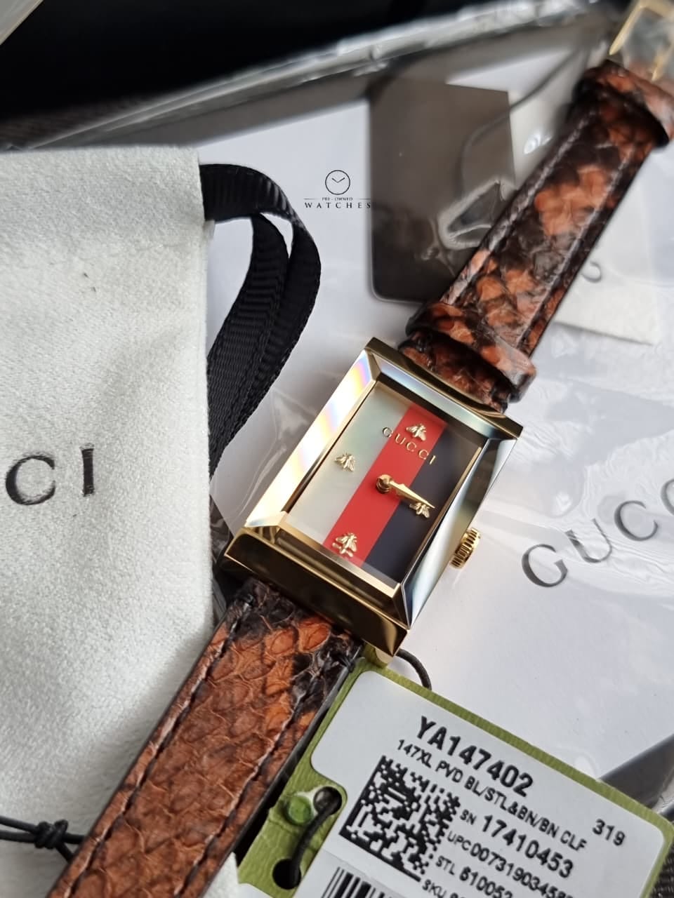 Gucci Women’s Swiss Made Quartz Brown Leather Strap Multi Color Dial 21mm Watch YA147402