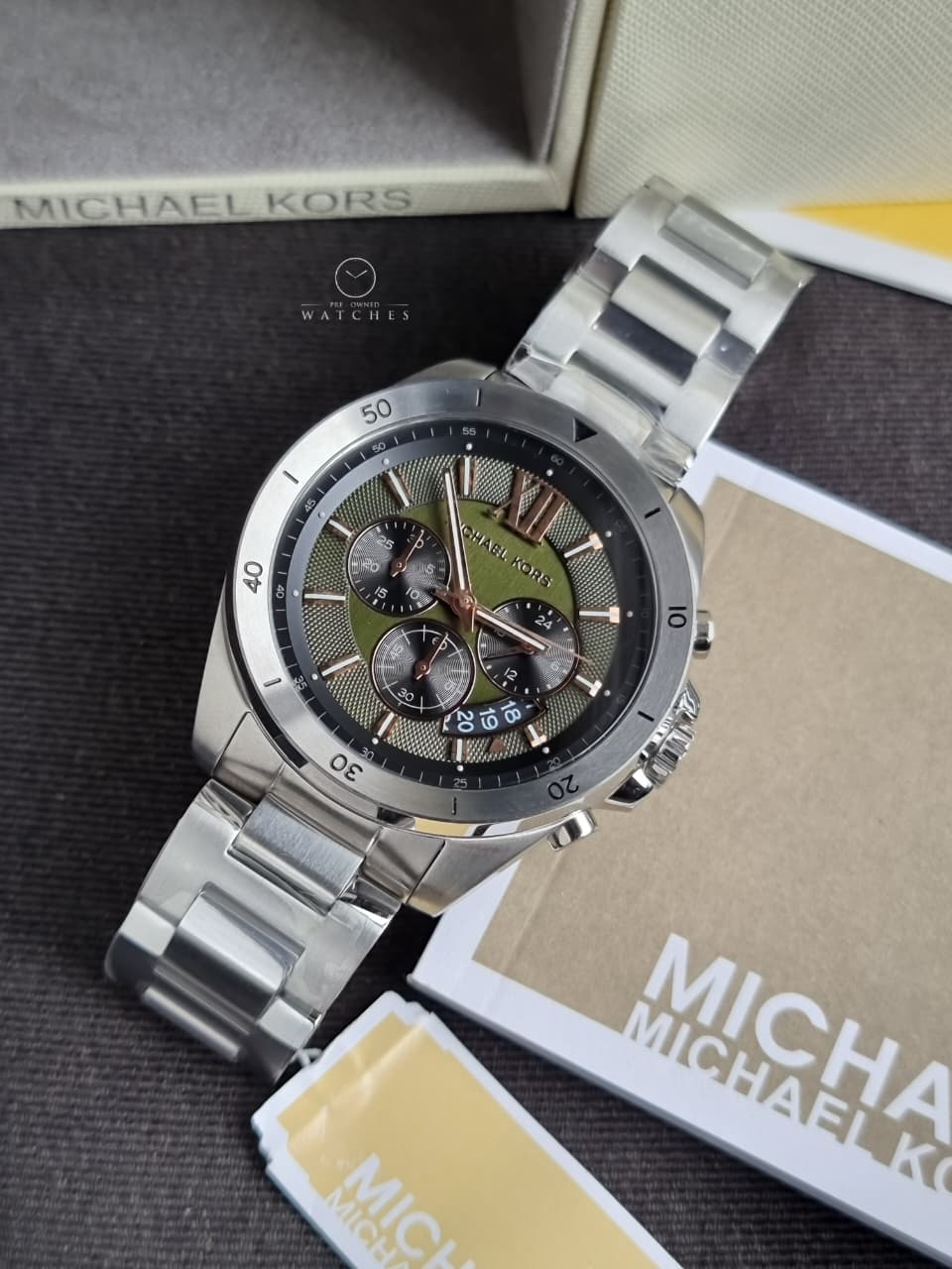 Michael Kors Men’s Quartz Silver Stainless Steel Green Dial 45mm Watch MK8984