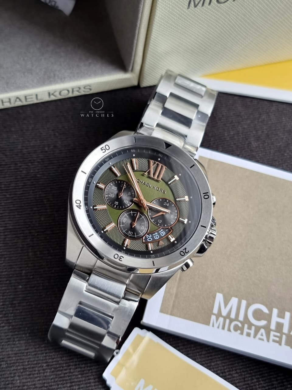 Michael Kors Men’s Quartz Silver Stainless Steel Green Dial 45mm Watch MK8984