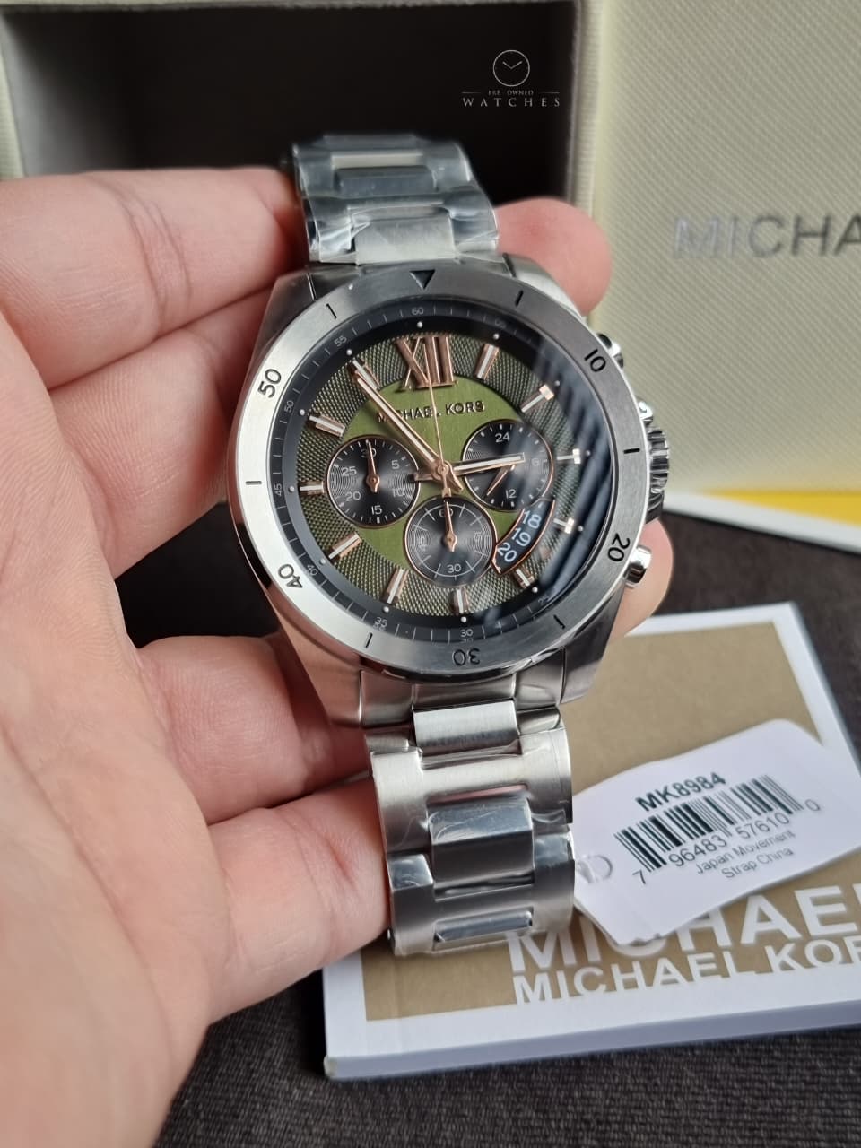 Michael Kors Men’s Quartz Silver Stainless Steel Green Dial 45mm Watch MK8984
