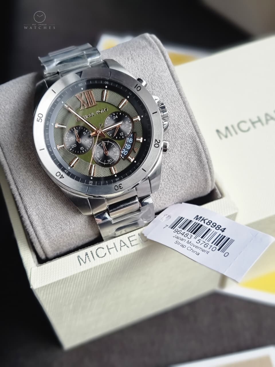 Michael Kors Men’s Quartz Silver Stainless Steel Green Dial 45mm Watch MK8984
