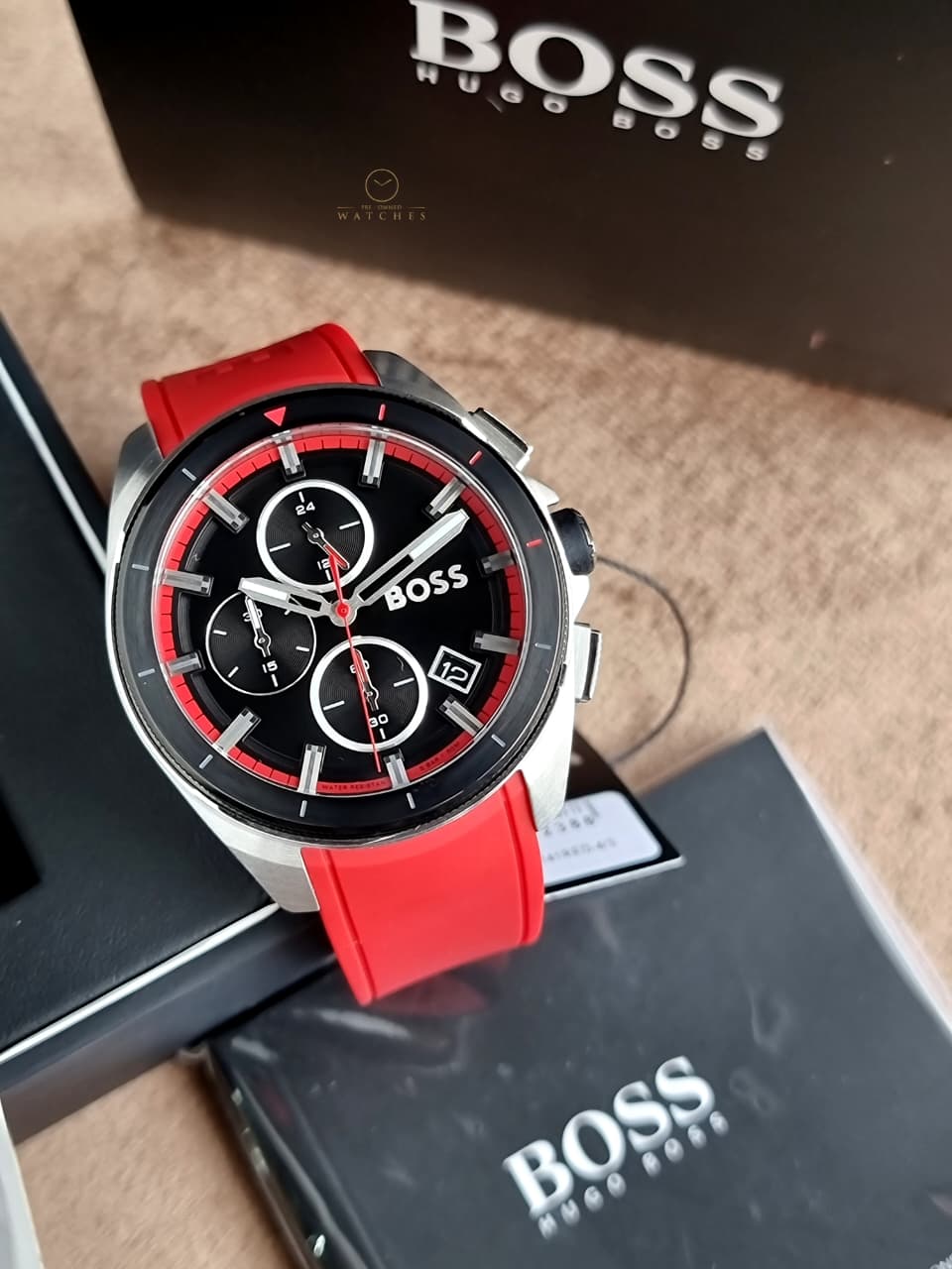 Hugo Boss Men’s Quartz Red Silicone Strap Black Dial 44mm Watch 1513959