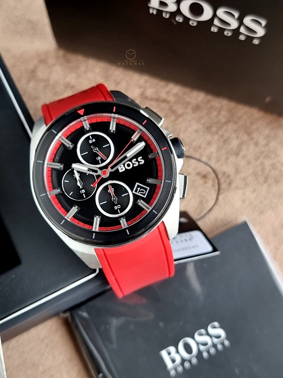 Hugo Boss Men’s Quartz Red Silicone Strap Black Dial 44mm Watch 1513959