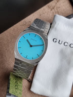 Gucci Unisex Swiss Made Quartz Silver Stainless Steel White Dial-Ocean Blue Glass 38mm Watch YA163409
