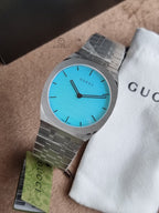 Gucci Unisex Swiss Made Quartz Silver Stainless Steel White Dial-Ocean Blue Glass 38mm Watch YA163409
