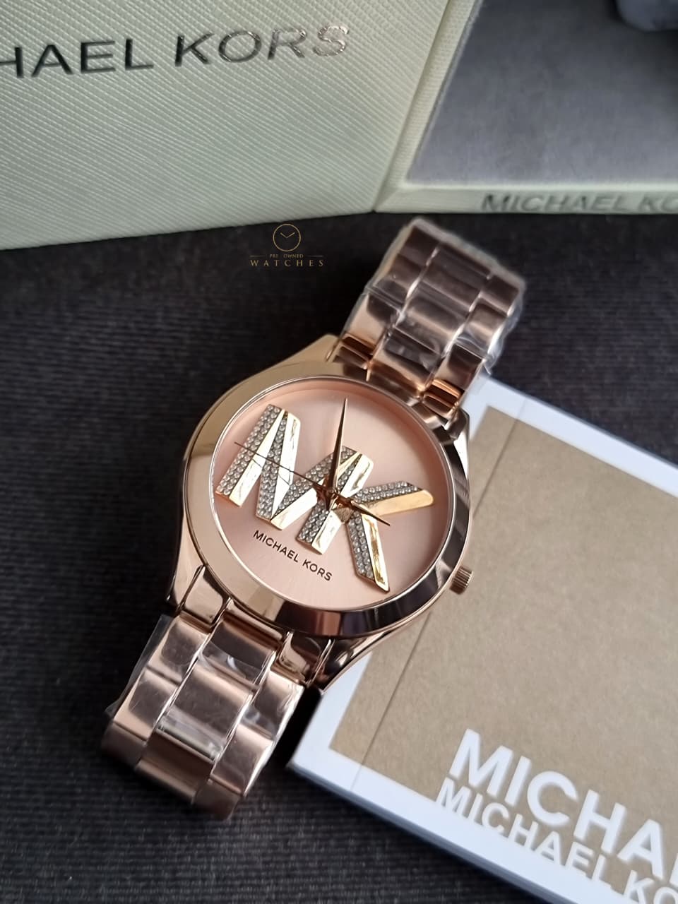 Michael Kors Women's Slim Runway Logo Rose Gold-Tone Stainless Steel Bracelet Watch (Model: MK4733)