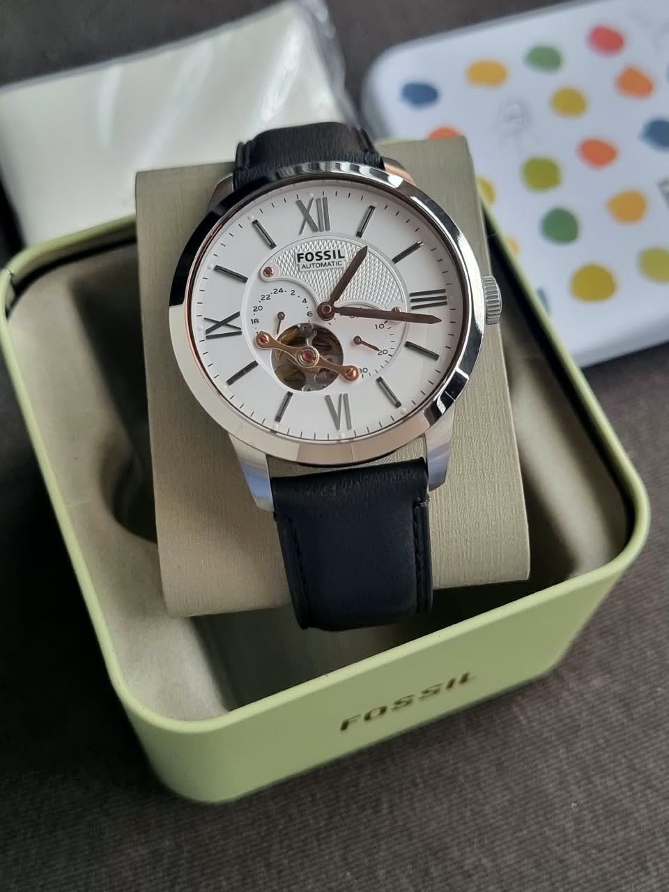 Fossil Men’s Automatic Leather Strap White Dial 44mm Watch ME3104
