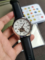 Fossil Men’s Automatic Leather Strap White Dial 44mm Watch ME3104