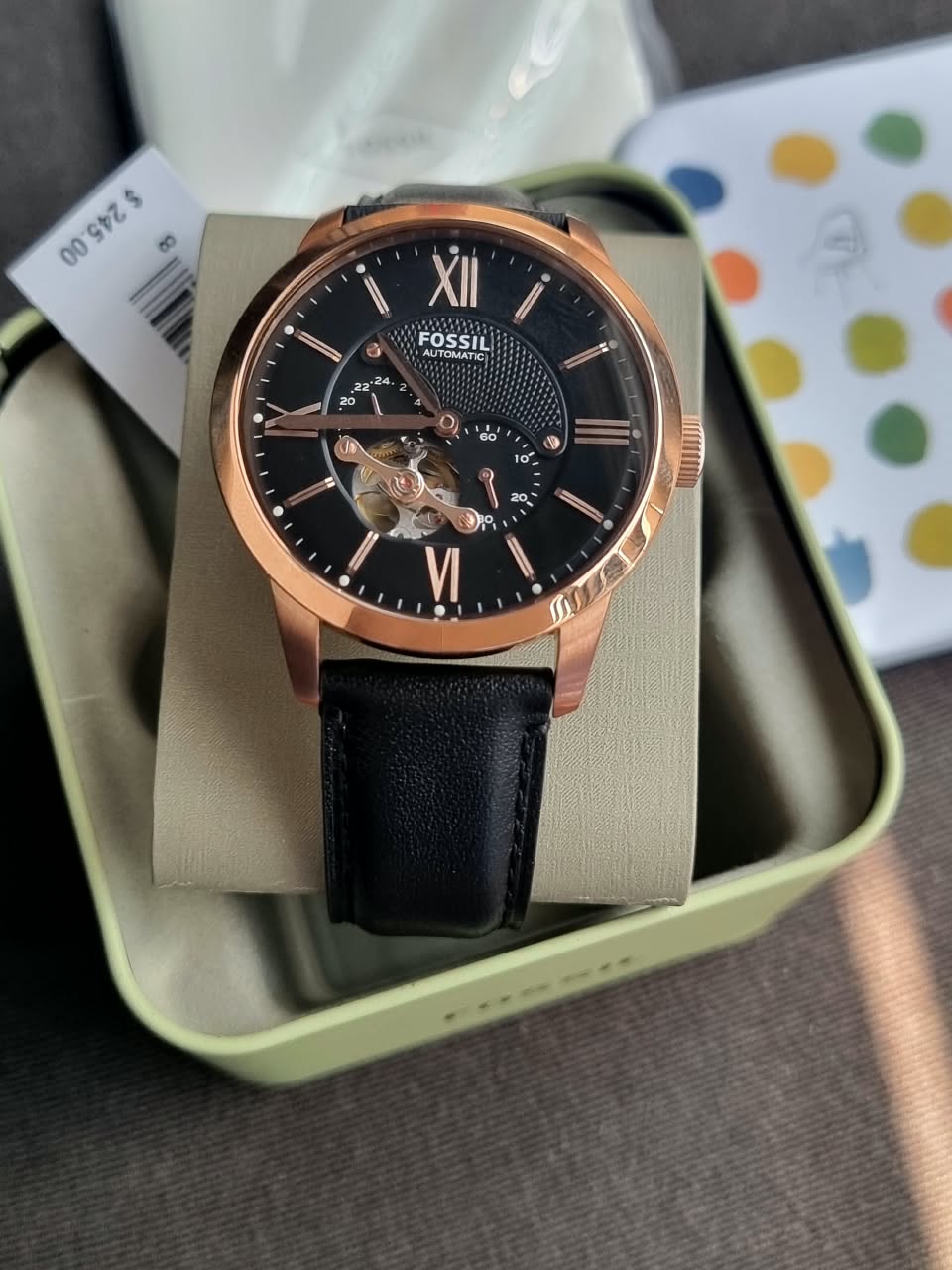 Fossil Men’s Automatic Leather Strap Black Dial 44mm Watch ME3170