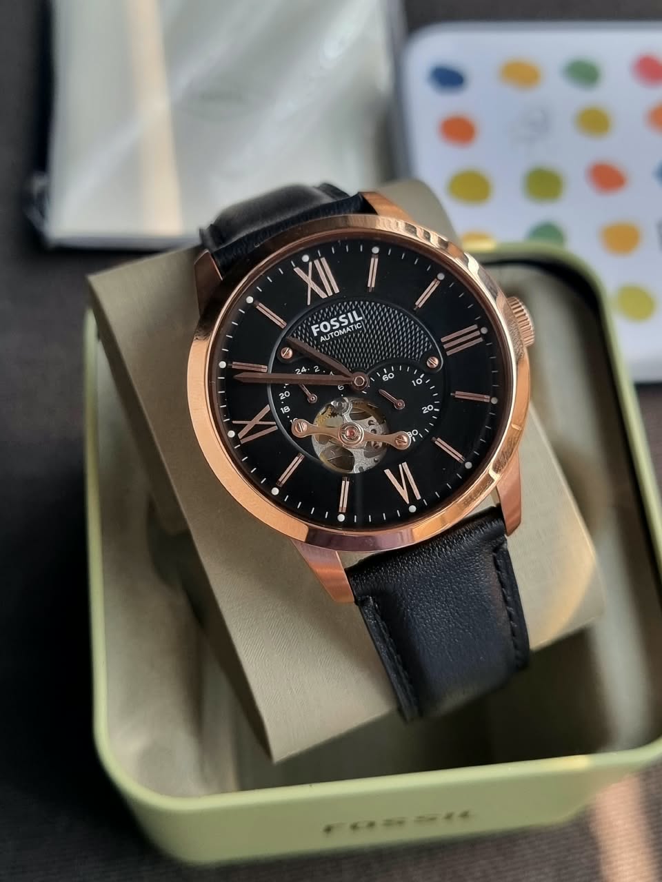 Fossil Men’s Automatic Leather Strap Black Dial 44mm Watch ME3170