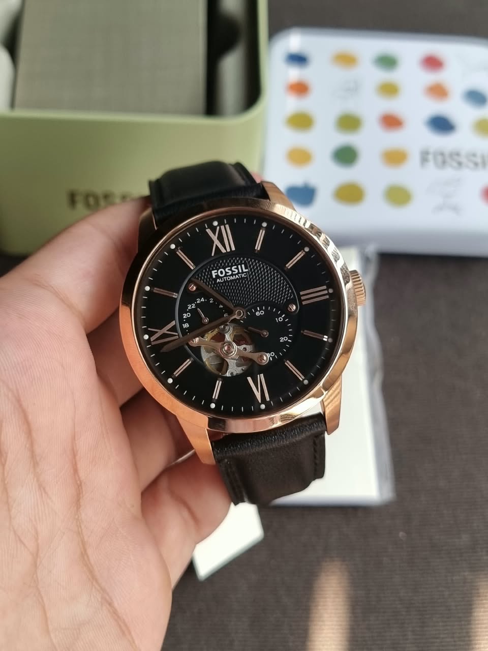 Fossil Men’s Automatic Leather Strap Black Dial 44mm Watch ME3170