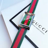 Gucci Women’s Swiss Made Quartz Red & Green Nylon Strap Red & Green Dial 21mm Watch YA147404