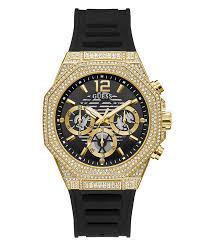 GUESS Mens Black Gold Tone Multi-function Watch
