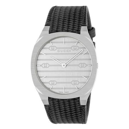 Gucci Men's Silver Stainless Steel Watch, Black Leather | YA163419 Hover Image