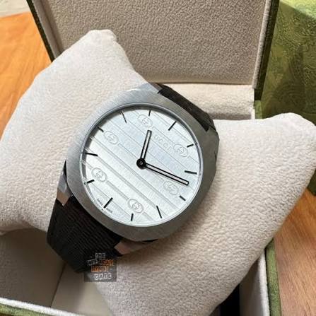 Gucci Men's Silver Stainless Steel Watch, Black Leather | YA163419 Main Image