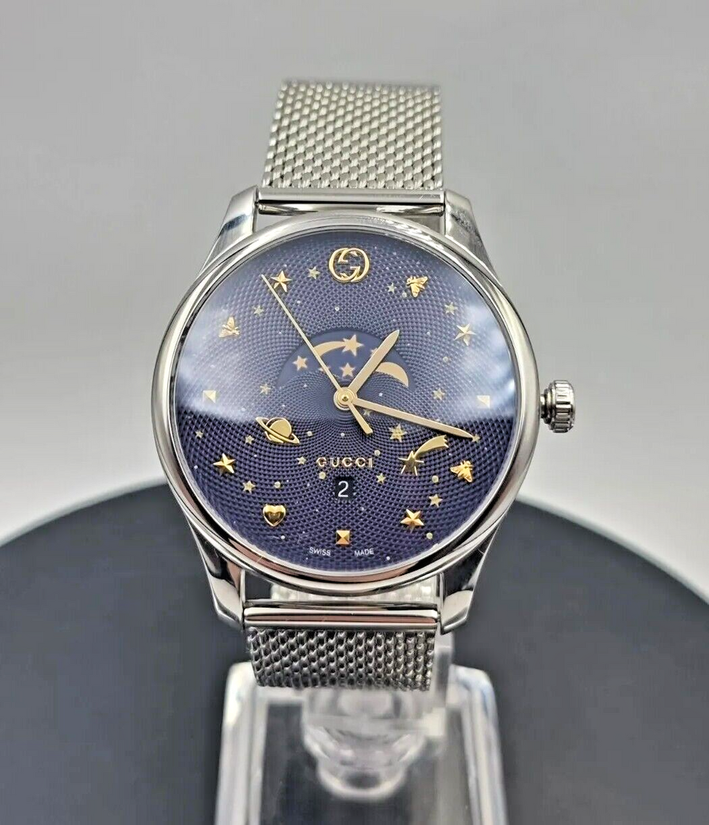 Gucci G-Timeless Moonphase Silver Mesh Bracelet Blue Dial Quartz Watch for Gents – GUCCI YA126328