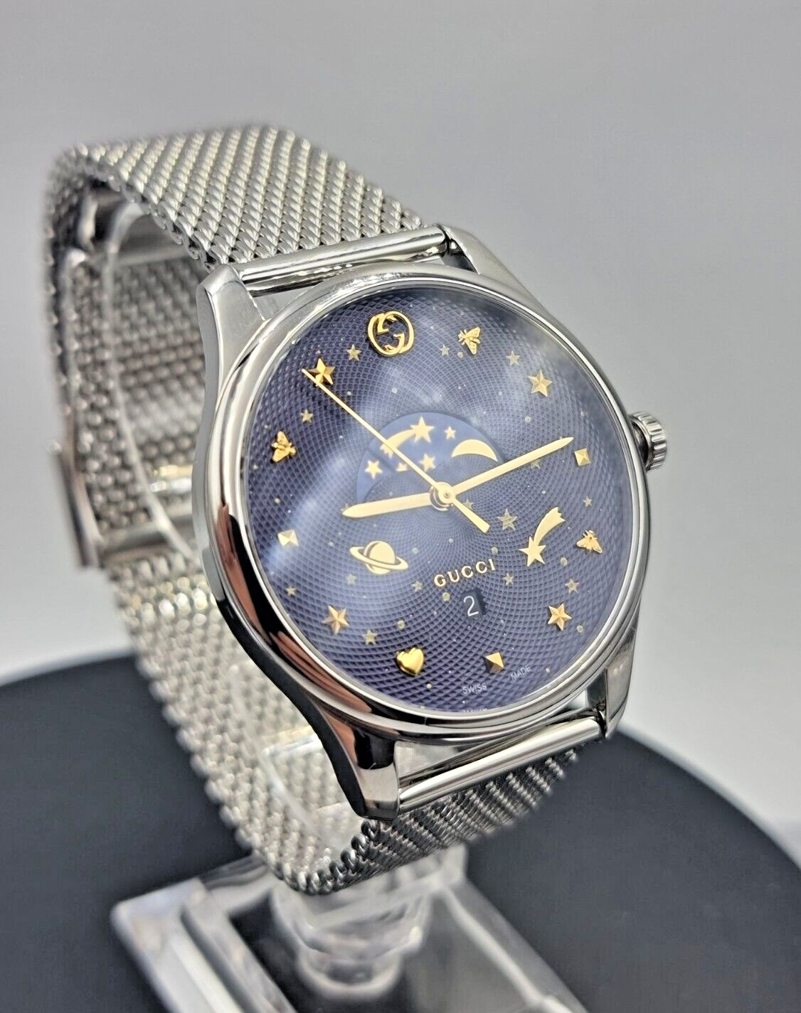 Gucci G-Timeless Moonphase Silver Mesh Bracelet Blue Dial Quartz