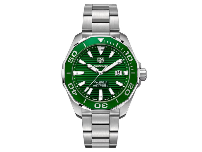 Tag Heuer Aquaracer Calibre 5 Silver Stainless Steel Green Dial Automatic Watch for Gents- WAY201S.BA0927 Hover Image