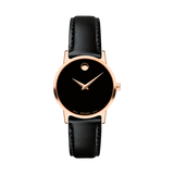 Movado Women’s Swiss Made Quartz Leather Strap Black Dial 28mm Watch 607276