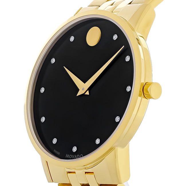 Movado Museum Series Mens Gold Tone Black Dial Diamond Quartz Watch 0607625 Main Image