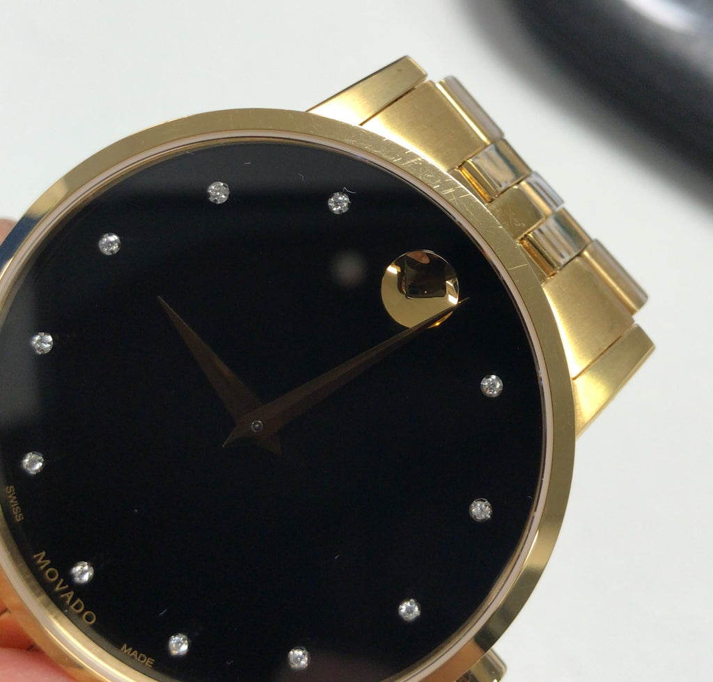 Movado Museum Series Mens Gold Tone Black Dial Diamond Quartz Watch 0607625