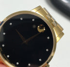 Movado Museum Series Mens Gold Tone Black Dial Diamond Quartz Watch 0607625
