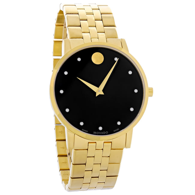 Movado Museum Series Mens Gold Tone Black Dial Diamond Quartz Watch 0607625 Hover Image