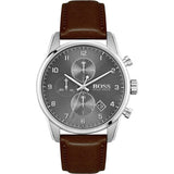 Hugo Boss Men’s Quartz Brown Leather Strap Grey Dial 44mm Watch 1513787