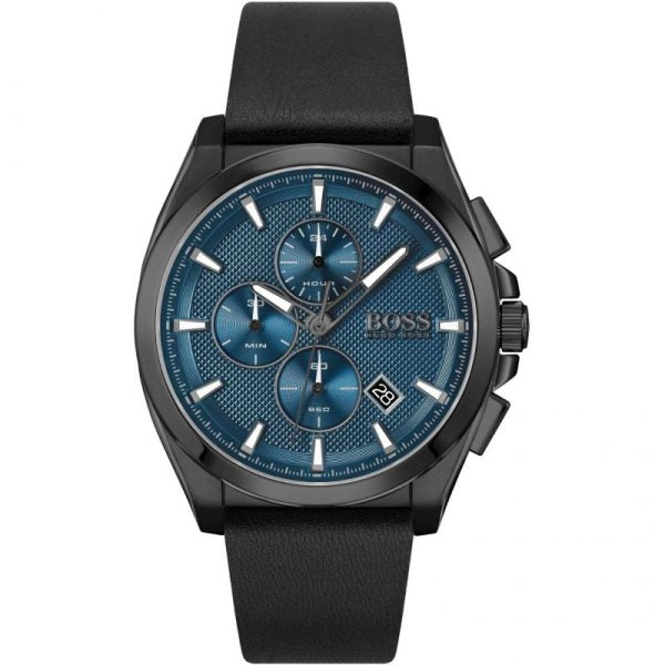 Hugo Boss Men’s Quartz Black Leather Strap Blue Dial 46mm Watch 1513883 Hover Image
