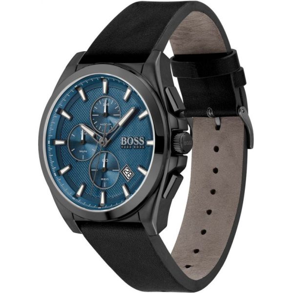 Hugo Boss Men’s Quartz Black Leather Strap Blue Dial 46mm Watch 1513883 Main Image