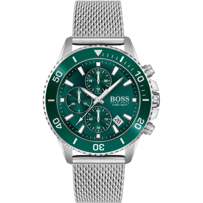 Hugo Boss Men’s Quartz Silver Stainless Steel Green Dial 46mm Watch 1513905 Hover Image