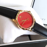 Gucci Men’s Swiss Made Quartz Black Leather Strap Coral Red Dial 38mm Watch YA126464