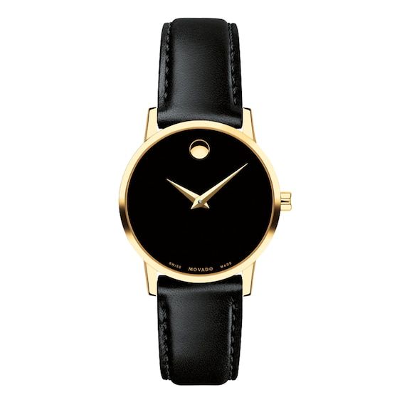 Movado Women’s Quartz Swiss Made Leather Strap Black Dial 28mm Watch 0607275