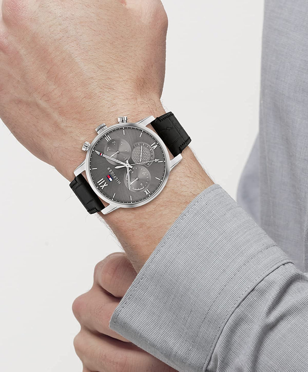Tommy Hilfiger Men's Quartz Multifunction Stainless Steel and Leather Strap Watch, Color: Black (Model: 1791883)