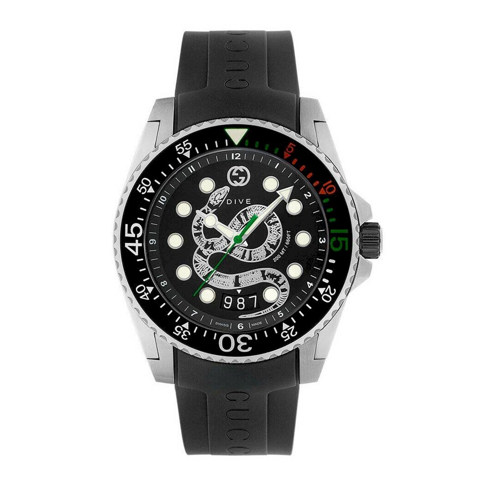 Gucci Men’s Quartz Swiss Made Silicone Strap Black (King Snake) Dial 45mm Watch YA136217