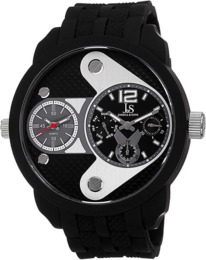 Joshua & Sons Men's Colored Dual Time Zone Watch - Swiss Quartz Watch with Unique Design On Silicone Strap - JS52BK