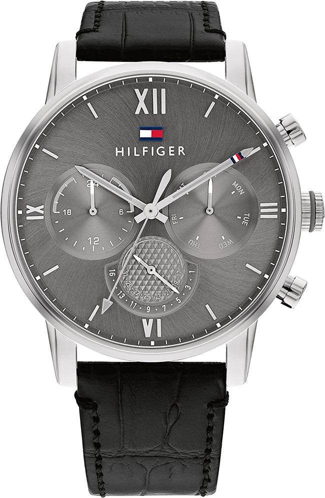 Tommy Hilfiger Men's Quartz Multifunction Stainless Steel and Leather Strap Watch, Color: Black (Model: 1791883) Hover Image