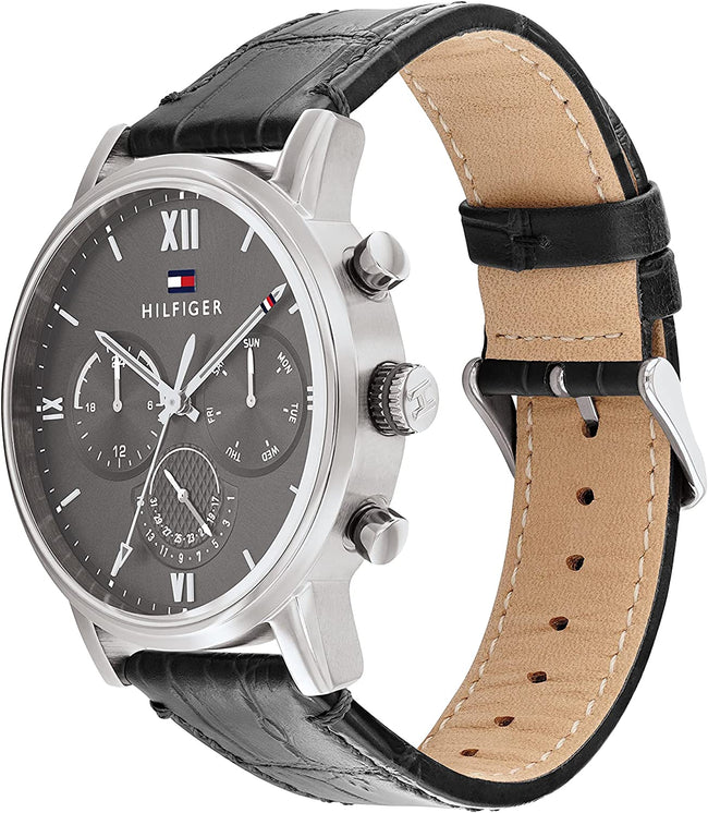 Tommy Hilfiger Men's Quartz Multifunction Stainless Steel and Leather Strap Watch, Color: Black (Model: 1791883) Main Image