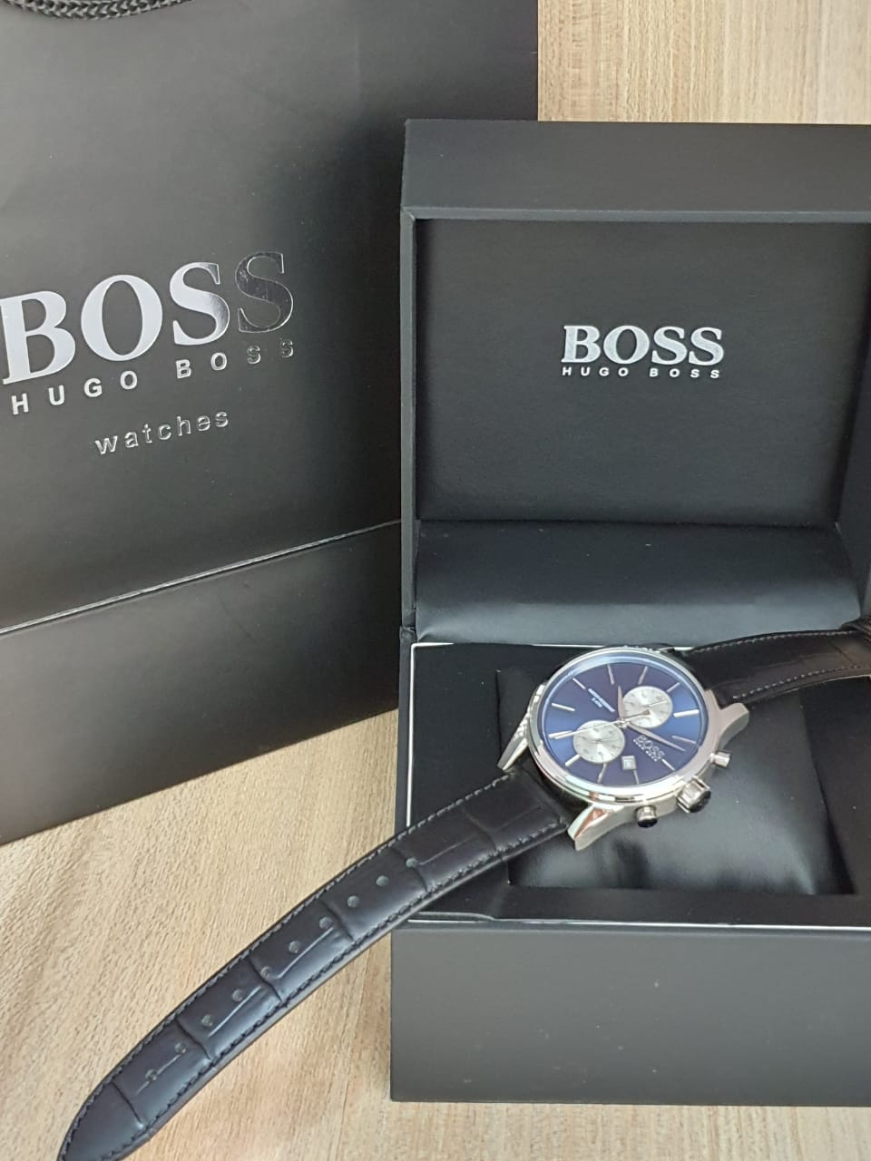 Hugo Boss Men’s Chronograph Leather Strap Blue Dial 41mm Watch 1513283