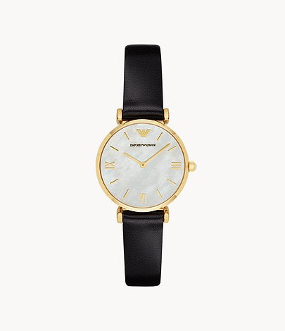 Emporio Armani Women’s Quartz Black Leather Strap Mother of Pearl Dial 32mm Watch AR1910 Hover Image