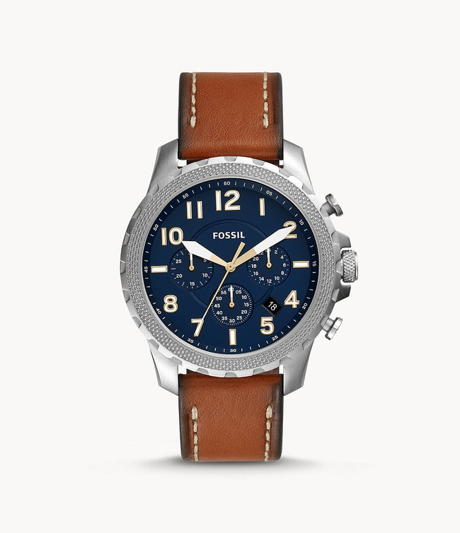 Fossil Men’s Quartz Chronograph Leather Strap Blue Dial 46mm Watch FS5602 Hover Image