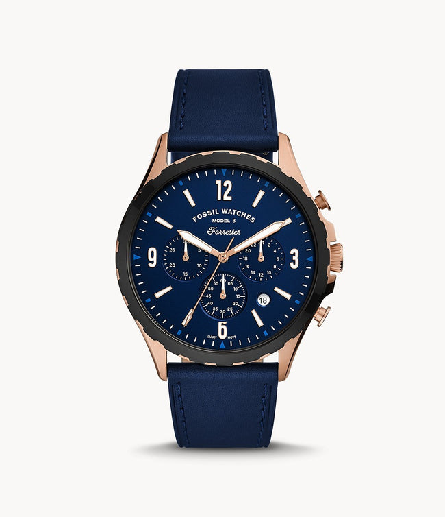 Fossil Men’s Chronograph Quartz Leather Strap Blue Dial 46mm Watch FS5814 Hover Image