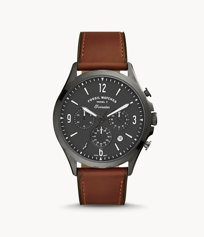 Fossil Men’s Chronograph Quartz Leather Strap Gray Dial 46mm Watch FS5815 Hover Image