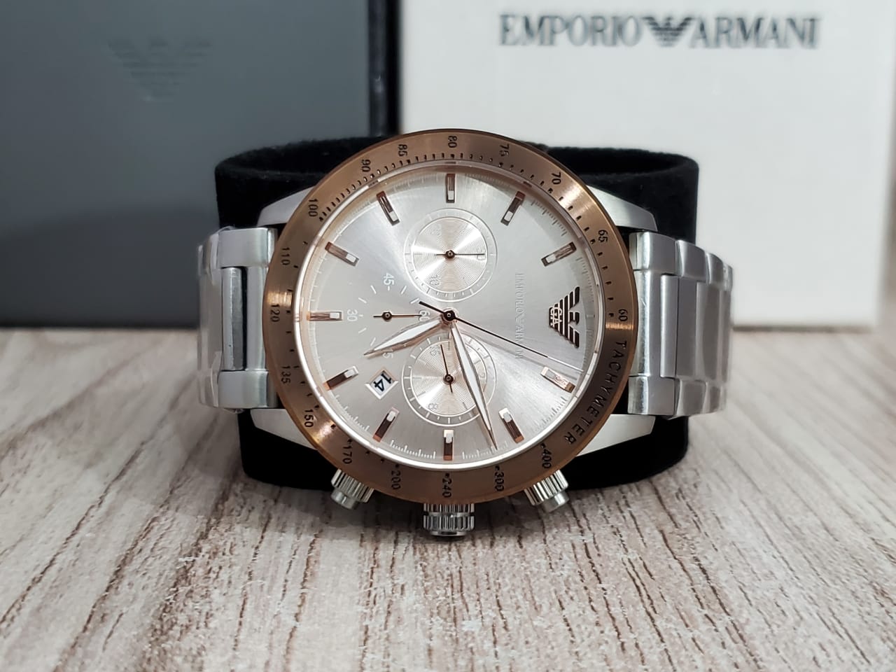 Emporio Armani Men's Chronograph Date Bracelet Strap Watch, Silver/Rose Gold AR11352