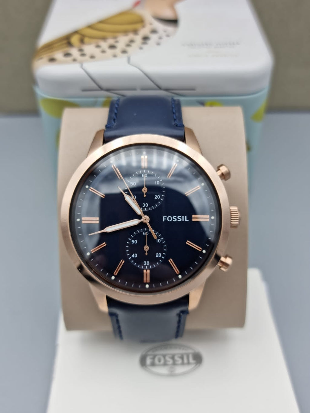 Fs5446 Fossil Men’s Chronograph Quartz Blue Leather Strap Blue Dial 44mm Watc ...