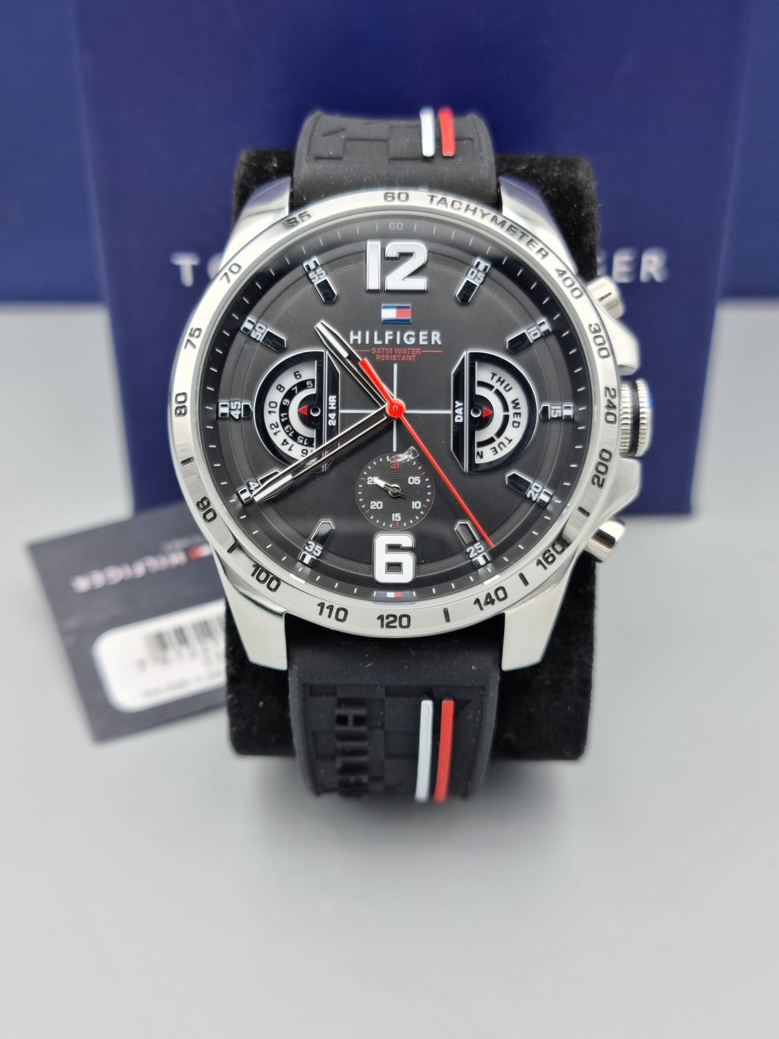 Tommy Hilfiger Men's Quartz Silicone Strap Black Dial 46mm Watch 17914
