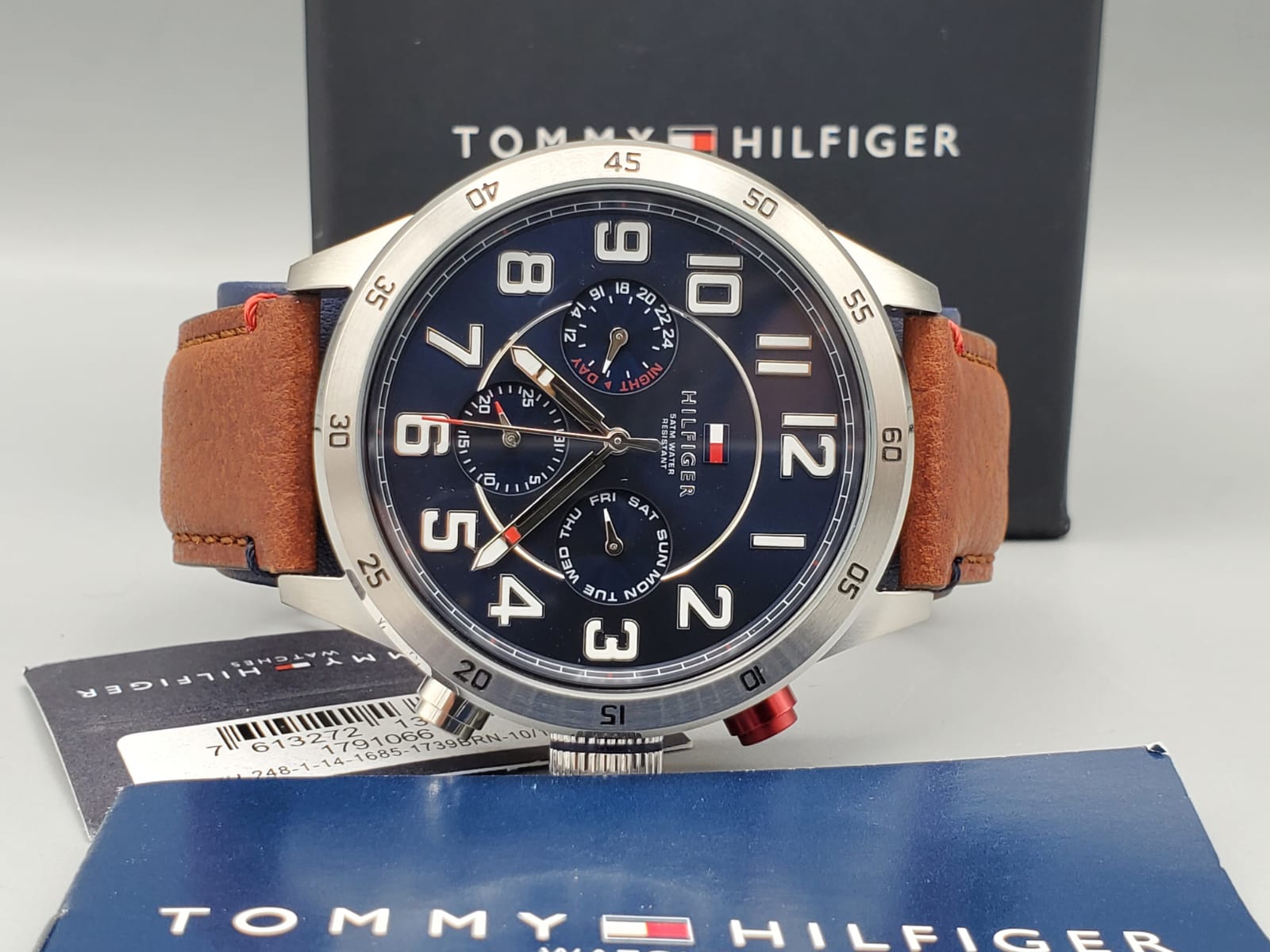 Tommy Hilfiger Men’s Quartz Brown Leather Strap Blue Dial 46mm Watch 1791066
