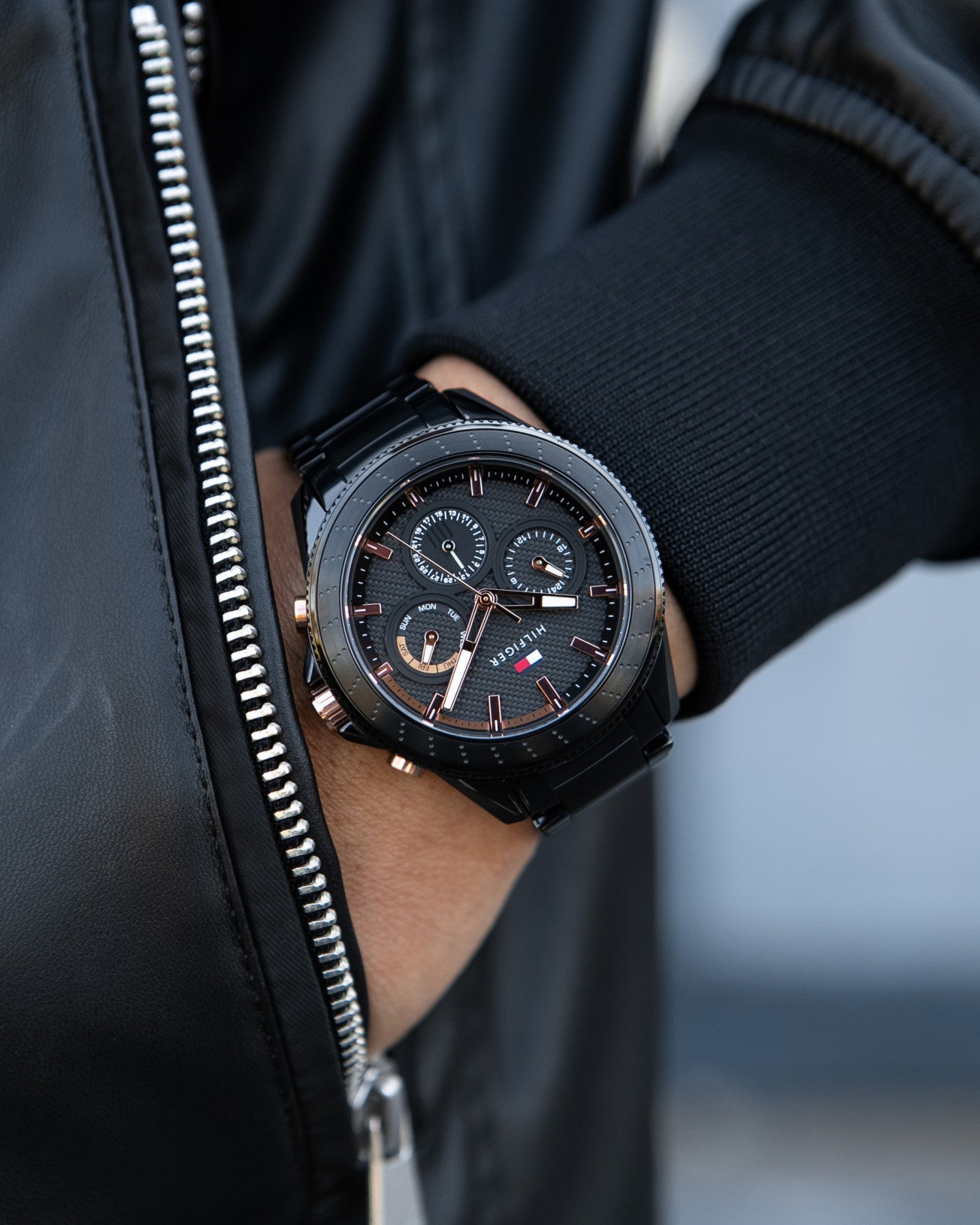 Tommy hilfiger men's black leather strap watch 44mm Clearance