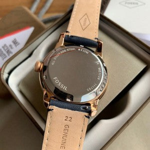 Fossil Men's Twist Townsman Multifunction Navy Blue Leather Strap Rose Gold Case Watch ME1138